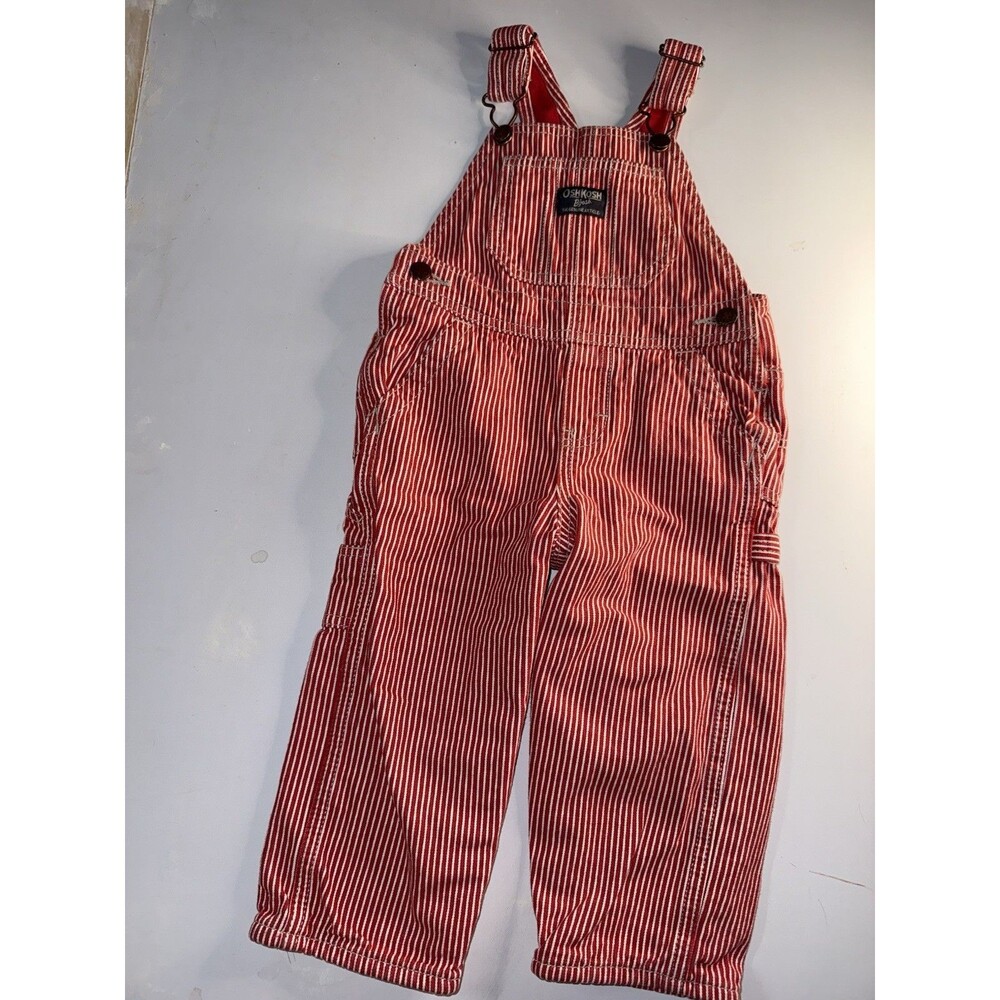 OshKosh B'gosh Red Hickory Stripe Bib Overalls 24M Fleece Lined Vestbak